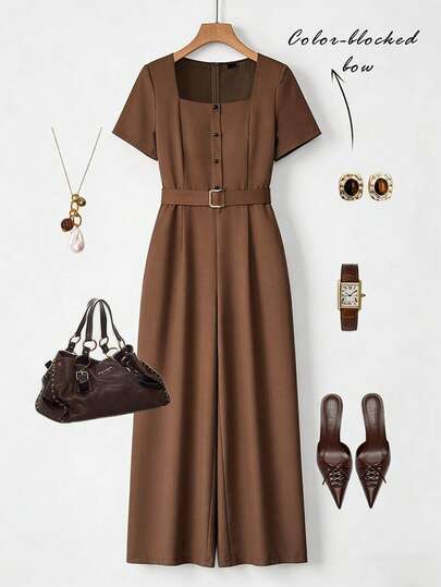 SHEIN Elenzya Áo liền quần nữ cỡ lớn màu trơn cổ vuông tay ngắn cài cúc ống rộng kiểu dáng thường ngày màu nâu, áo liền quần nữ, áo liền quần cho nữ