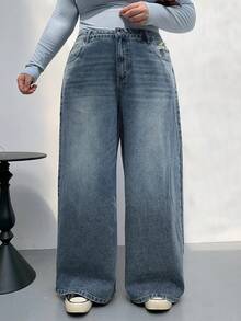 Dazy Plus Quần jean ống rộng rách rách cho nữ cỡ lớn, quần jean rộng thùng thình, quần áo trở lại trường - Rửa trung bình - Xem 3