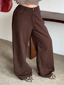 Dazy Plus Plus Size Women Casual Loose Waist Solid Color Long Straight Leg Jeans, All Season - Brown - View 4