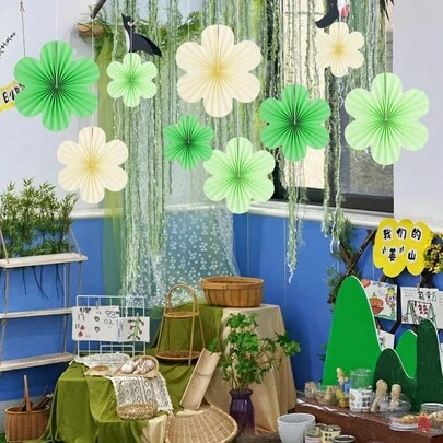 Spring Chinese Three-Dimensional Green Flower Paper Fan Loong Boat Festival Mid-Autumn Festival Decoration Classroom Layout
