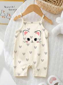 SHEIN Newborn Baby Girl Casual Cute Knitted Cartoon Pattern Sleeveless Romper, Summer - Apricot - View 2