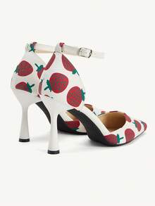 CUCCOO CHICEST Women's Pointed Toe Strawberry Pattern Buckle Design Elegant High Heels - White - View 4
