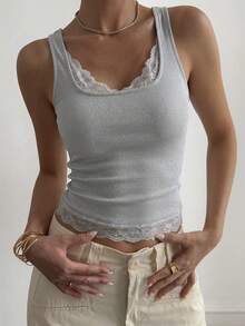 DAZY 春夏灰色性感度假休闲街头镂空蕾丝拼接修身吊带背心，适合婚礼、派对、情人节等场合。 - 灰色 - 查看 2