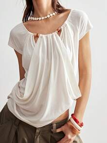 Bohemela Camiseta de mujer color crema blanco de verano estilo boho elegante para vacaciones, con hombros descubiertos, de punto con volantes romanos y detalles de cuentas, top de dos vías, casual y cómodo para la playa - Albaricoque - Ver 2