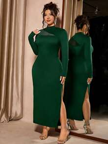Cravure Elegant Spring/Autumn Stand Collar Long Sleeve Fitted Black Plus Size Women Dress - Dark Green - View 5