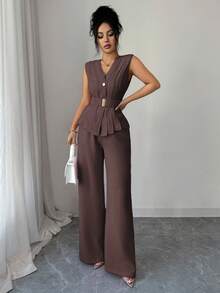 Elenzga 一件纯色纽扣前开襟马甲西装外套和一条裤子 - 棕色 - 查看 7