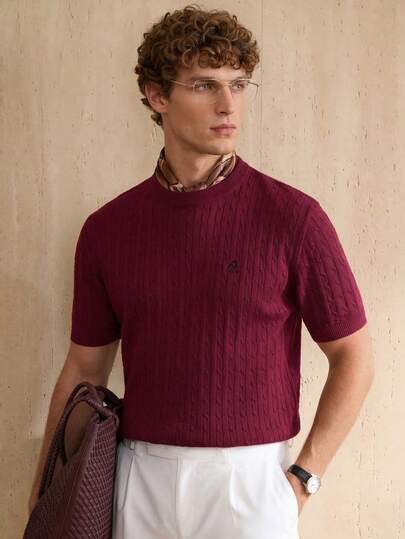 Manfinity CityGents Men's Letter Embroidery Crew Neck Short Sleeve Knit Top Men's Burgundy Shirt Men Buttoned Knitted Polo Knitted Top Men