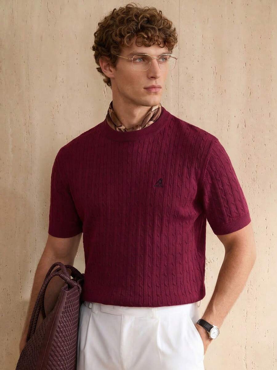 Manfinity CityGents 男士字母刺绣圆领短袖针织衫 男士酒红色衬衫 男士纽扣针织Polo衫 男士针织上衣 - 彩色 - 查看 1