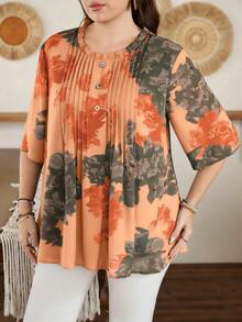 Lacomfia Áo kiểu nữ cỡ lớn dáng rộng bằng chiffon in họa tiết, chi tiết sọc phía trước, tay lửng, có lớp lót, thích hợp cho các dịp thường ngày vào mùa xuân và mùa hè. - trái cam - Xem 6