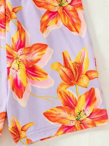 3pcs/Set Toddler Girls' Summer New 2025 Floral Print & Solid Color Romper Shorts, Minimalist Fashionable Vacation Style - Purple - View 7