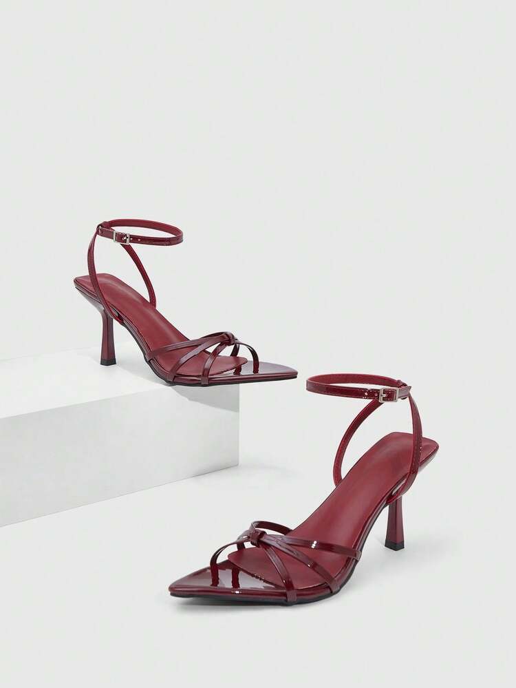 CUCCOO SZL Women Shoes Spring And Summer New Burgundy Pointed Thin High Heel Thin Strap Ankle Strap Women's High Heel Sandals Fashion Comfortable Versatile Sexy Party Women's Sandals Prom Heels