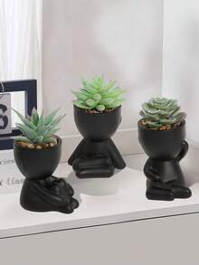 1PC Artificial Succulent Plants Single Pot Small Human Shaped Succulent 3 Styles Optional Black Ceramic Pot Cartoon Design Green PP PE Material For Desktop Home Garden School Dorm Office Decor - Black - View 9