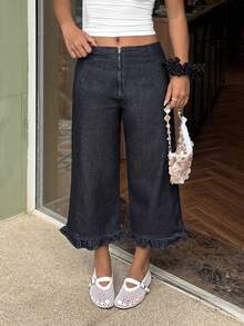 Sunnyshic Women's Loose Casual Flare Leg Jeans With Zipper Front And Ruffle Hem - Blue - View 3