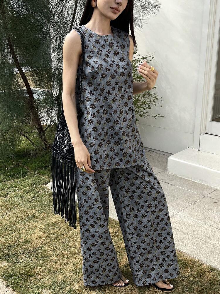 Women's Allover Print Round Neck Sleeveless Tank Top And Long Pants Casual Denim Suit Boho