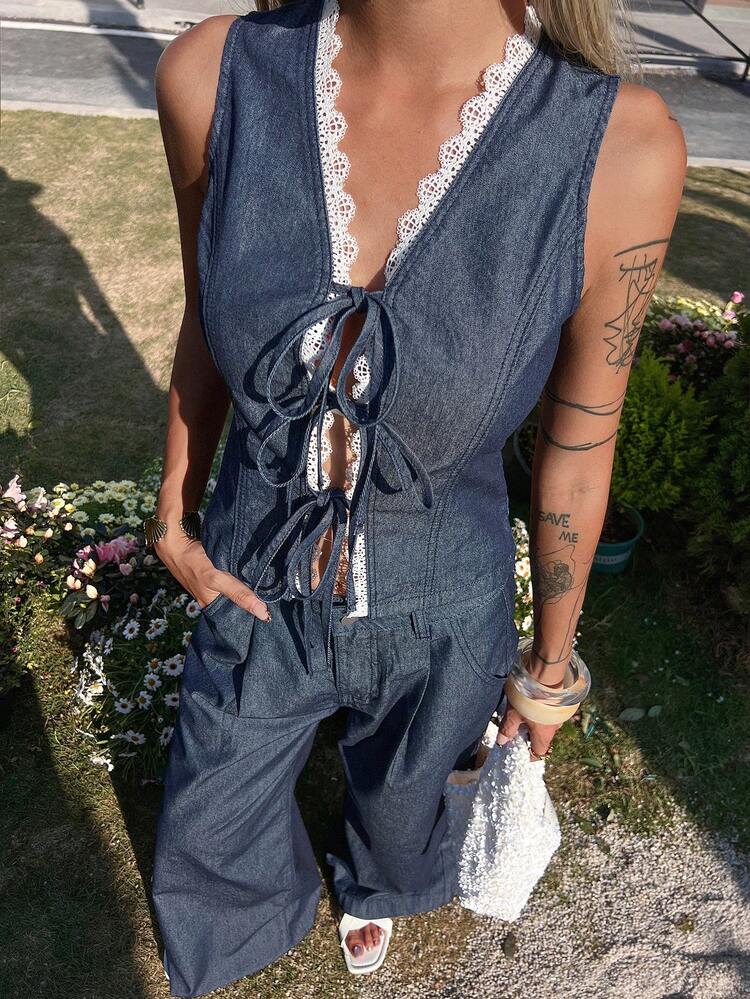 Women's V-Neck Lace Patchwork Contrast Color Tie Sleeveless Denim Crop Top And Loose Wide Leg Jeans Casual Suit Summer