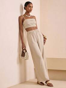 Zivah 2026 Spring/Summer New Music Festival Easter Western Boho Nashville Party Wedding Cocktail Daily Casual Vacation Cruise Beach Elegant Commute Business 2-Piece Set, Spaghetti Strap Ruched Front Backless Top + Wide Leg Pants, Bamboo Fiber Khaki Suit, Women's Outfit - Khaki - View 3