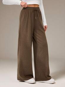 SHEIN Tall Pantalones de chándal casuales con cordón en la cintura de color marrón café para mujer - Café integral - Ver 5
