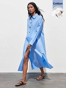 Maija 这款女士纯色连衣裙采用前开襟纽扣设计和长袖，休闲简约，时尚实用。整体廓形优雅，适合日常出行和各种场合，轻松展现女性的优雅气质和自然魅力。 - 藍色 - 查看 6