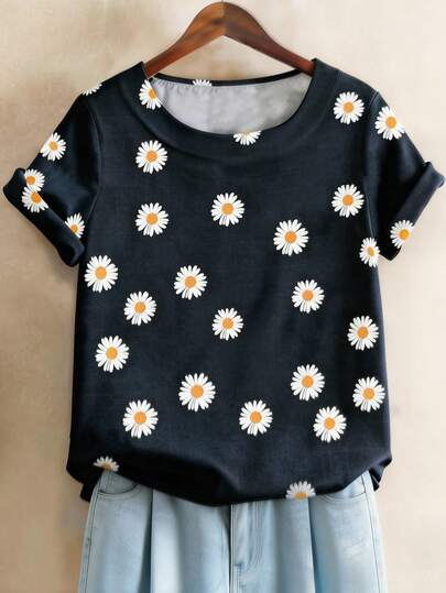 EMERY ROSE Women's Daisy Pattern Round Neck Short Sleeve Casual T-Shirt