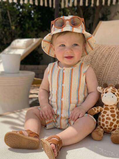 SHEIN 2pcs/Set Newborn Baby Boy/Girl Casual Cute Striped Waffle Sleeveless Romper & Sun Hat Outfit Sets, Spring/Summer Baby Vacation Jumpsuit