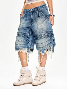 ROMWE Grunge Punk Distressed Patchwork Low Waist Oversized Denim Bermuda Shorts - Blue - View 4