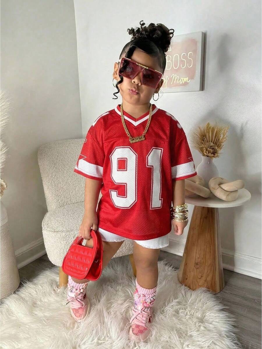 Young Girl's Fashionable Spring/Summer Street Style Red Sports Jersey Mesh Baseball Tee, V-Neck - Red - View 1
