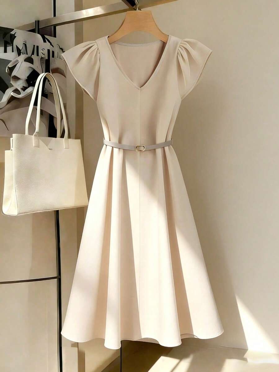 Franclia Robe longue pour femmes avec col en V, manches à volants et ceinture - Nude - Voir 1