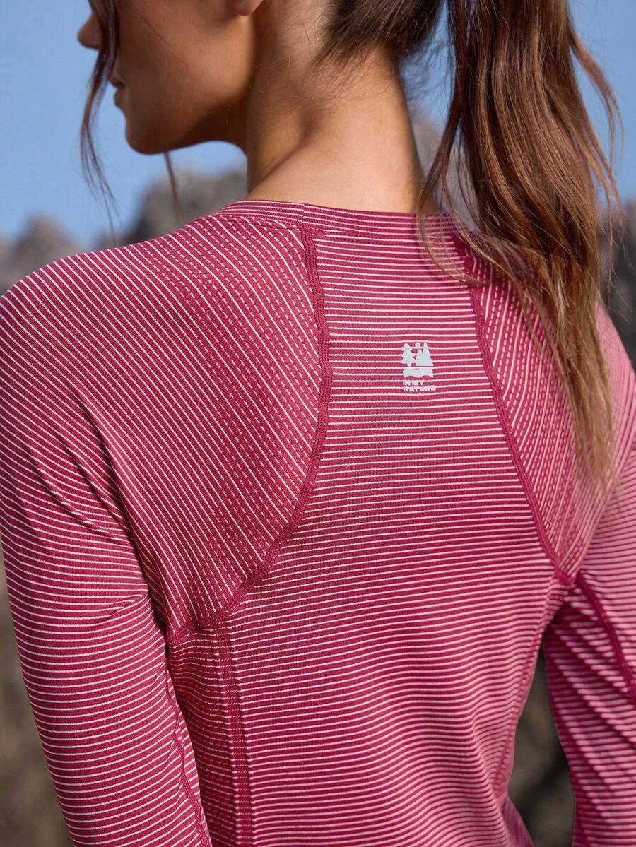 In My Nature Women's Striped Round Neck Raglan Sleeve Outdoor T-Shirt - Rose Red - View 1