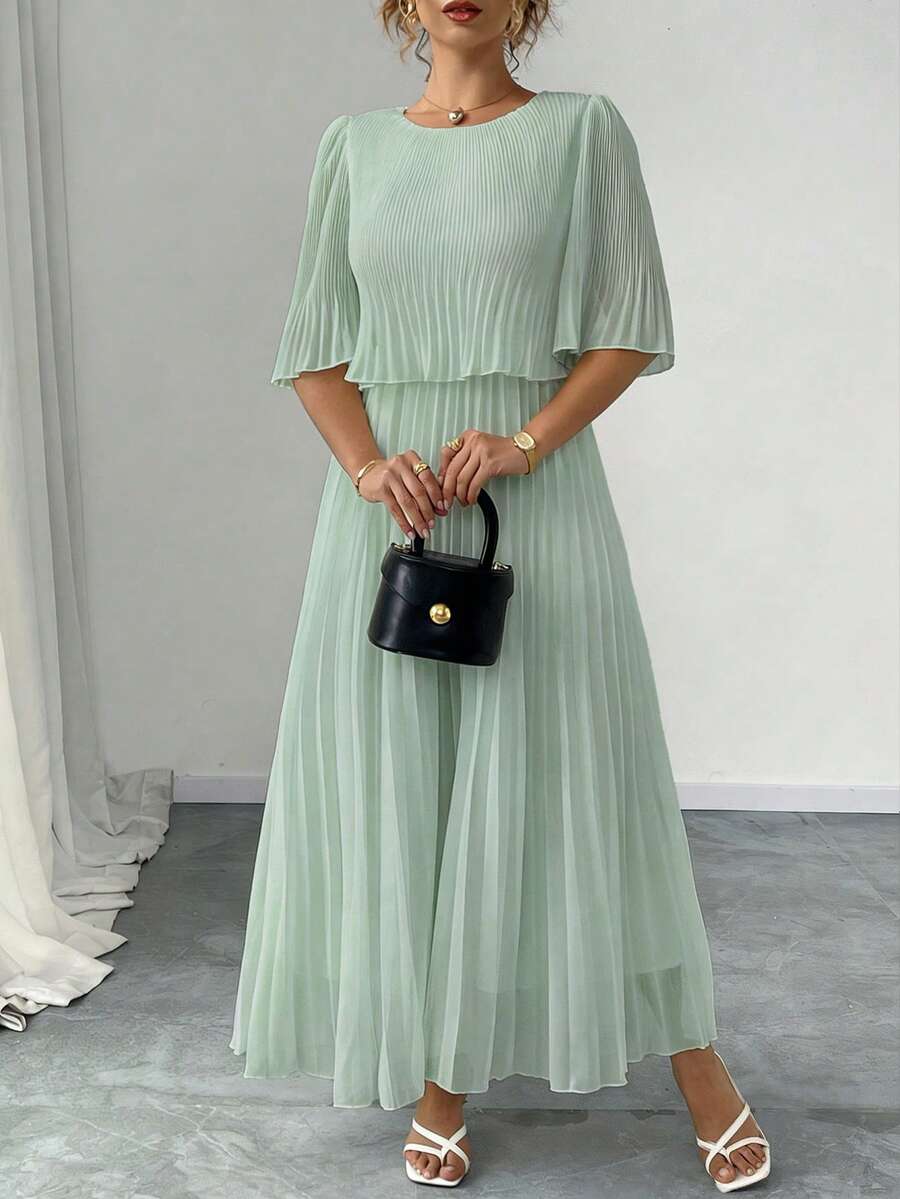 Elenzga Đầm xếp ly bằng chiffon màu trơn thanh lịch, cỡ lớn, thích hợp cho mùa xuân/hè. - Fresh Green - Xem 1