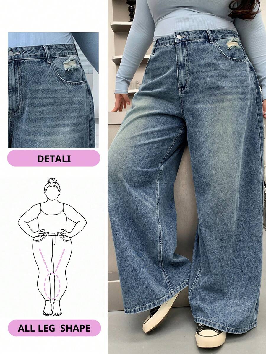 Dazy Plus Quần jean ống rộng rách rách cho nữ cỡ lớn, quần jean rộng thùng thình, quần áo trở lại trường - Rửa trung bình - Xem 1