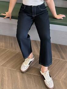 Dazy Plus Plus Size Women Dark Wash Blue Stretch Slim Straight Ankle Jeans, Versatile Casual Pants For All Seasons - Dark Wash - View 4