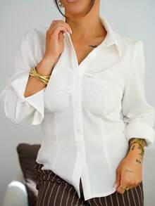 SAYEHFBABY 女式纯色褶饰纽扣长袖衬衫，白色领衬衫 - 白色 - 查看 3