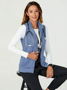TaskEZ Solid Color Zipper Front Sleeveless Casual Scrub Uniform Jacket - Blue - View 5
