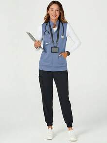 TaskEZ Solid Color Zipper Front Sleeveless Casual Scrub Uniform Jacket - Blue - View 6