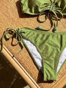 Swim Vcay 两件套女士沙滩装，时尚可爱性感度假沙滩泳池派对纹理纯绿色吊带抹胸上衣和侧系带比基尼泳裤套装 - 綠色 - 查看 5