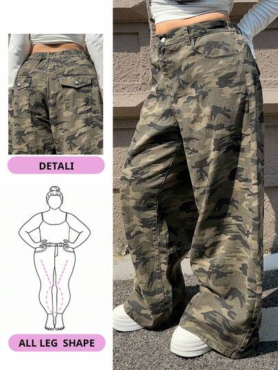 Dazy Plus Camouflage Print Loose Wide Leg Street Style Long Jeans, All Season
