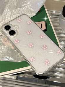 1个苹果手机壳，美观闪亮可爱3D花朵蝴蝶结手机壳，兼容 16 15 14 13 12 11 Pro Max Mini X XR XS Max 7 8 Plus SE，日韩少女风，爱心仿珍珠环氧树脂透明壳，防水防震防摔防刮花 - 小粉紅色蝴蝶結 - 查看 3