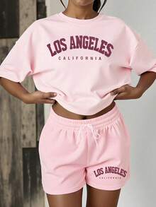 女士字母印花圆领短袖上衣和短裤两件套 - 粉色 - 查看 1