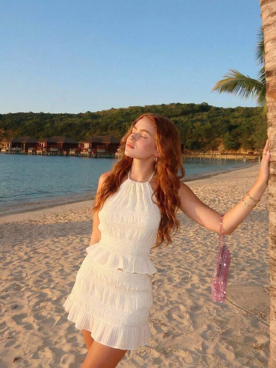 SHEIN MOD 杏色雪纺褶皱纹理吊带上衣和荷叶边半裙两件套,春夏女装,度假女装,派对,花园派对,优雅派对,外出装,海滩,夏季假日装,音乐节,野餐下装,生日,可爱,Y2K,波西米亚风,西部白色连衣裙,波西米亚风女装,女士海滩装,沙滩裙,女士海滩装,度假女装,夏季,音乐节,海滩,派对,度假,外出,花园派对,乡村音乐会,音乐节,波西米亚风,Y2K,复古 - 杏色 - 查看 1