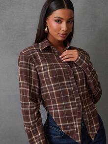 NYA SZN 棕色格子长袖衬衫，纽扣领，商务休闲宽松款式，适合节日、假日派对等场合，尽显奢华优雅，女士必备单品 - 咖啡棕 - 查看 4