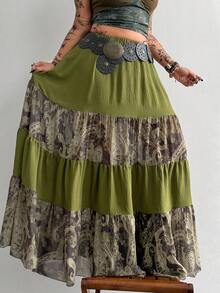 Whyspr Chân váy dáng chữ A bất đối xứng, chất liệu dệt và chiffon in họa tiết, kiểu dáng thanh lịch, cỡ lớn, thích hợp cho kỳ nghỉ hè/thu, kiểu dáng cao bồi miền Tây. - xanh quân đội - Xem 2