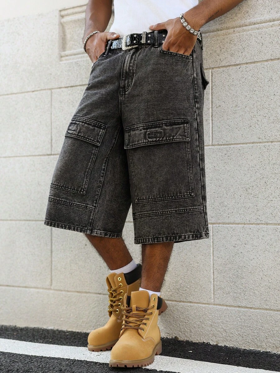 Manfinity EMRG Men's Casual Street Style Multi-Pocket Cargo Denim Shorts, Dark Grey - Dark Grey - View 1