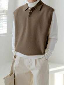 Claim Dot Áo vest len cổ polo đơn giản, màu trơn, thích hợp mặc hàng ngày đi làm, mùa thu/đông. - Màu nâu  Mocha - Xem 3