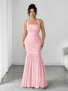 Elenzga 大码女式法式复古秋季针织弹力网纱褶皱腰部纯色吊带长裙，适合秋冬季、返校季、毕业典礼、情人节、圣诞节、音乐节、母亲节、万圣节、感恩节、复活节、国庆节、舞会、约会派对、婚礼季、返校季、户外活动等场合 - 粉色 - 查看 8