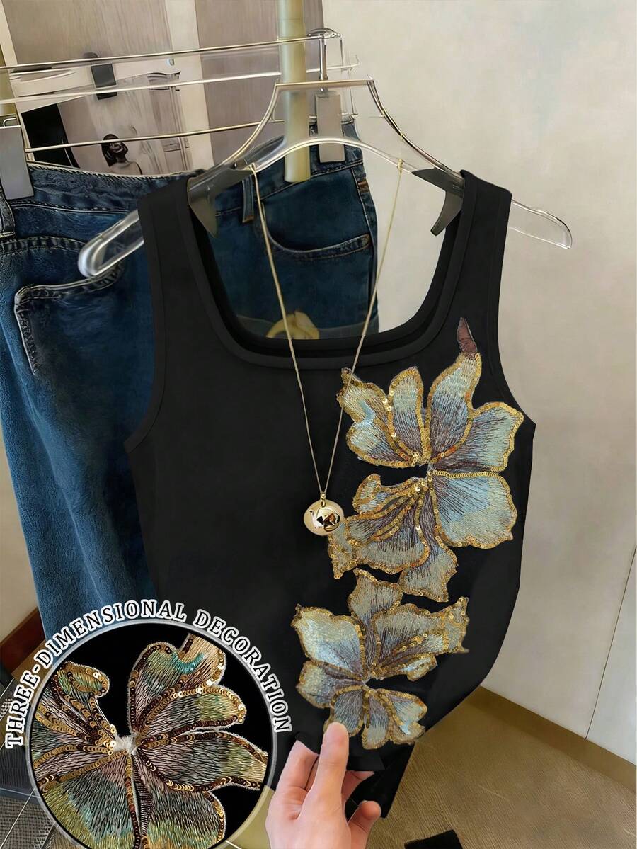 Resyla Camiseta de tirantes ajustada bordada para mujer