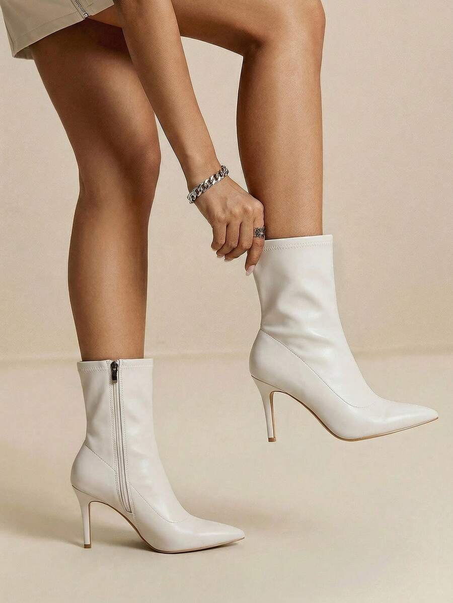Daringsoles 女款尖頭性感側拉鍊彈性靴 緊身PU短靴 高跟靴 派對度假休閒女靴 - 米色pu - 查看 1