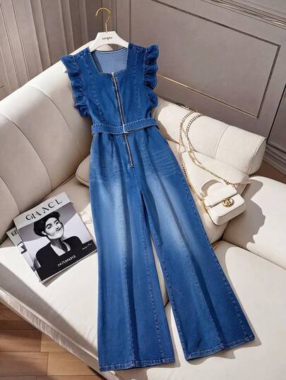 GlowEve CURVE 大码女式春夏休闲阔腿牛仔连体裤，正面拉链，荷叶袖