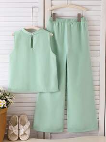 SHEIN 2pcs Setelan Anak Perempuan Atasan Tanpa Lengan Motif Bunga Warna Kuning Cerah dan Celana Longgar Kasual Modis untuk Musim Semi/Panas - Mint Green - View 2