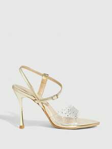 CUCCOO SZL Women Shoes Spring/Summer Pointed Stiletto Gold Transparent Rhinestone Sexy Fashion Gorgeous Back Ankle Strap With Skirt Banquet Party Nightclub Ladies High Heel Sandals Open-Toed Sandals Spring Shoes - Gold - View 4