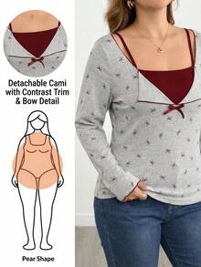 Modelyn Plus Size Women Bow Print 2 In 1 Long Sleeve Casual T-Shirt Gym Brown Autumn - Grey - View 2